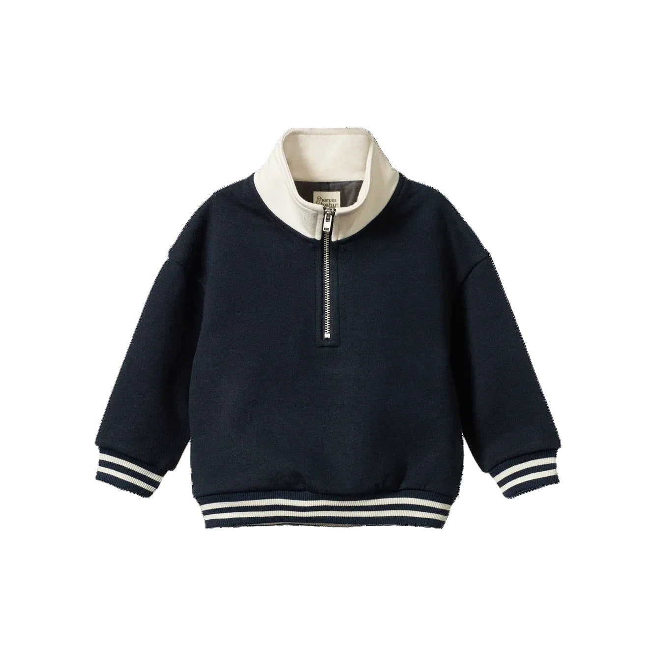 Nature Baby Navy Camper Sweatshirt with white collar, zip front and navy and white striped rib bands at Cerise
