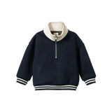 Nature Baby Navy Camper Sweatshirt with white collar, zip front and navy and white striped rib bands at Cerise