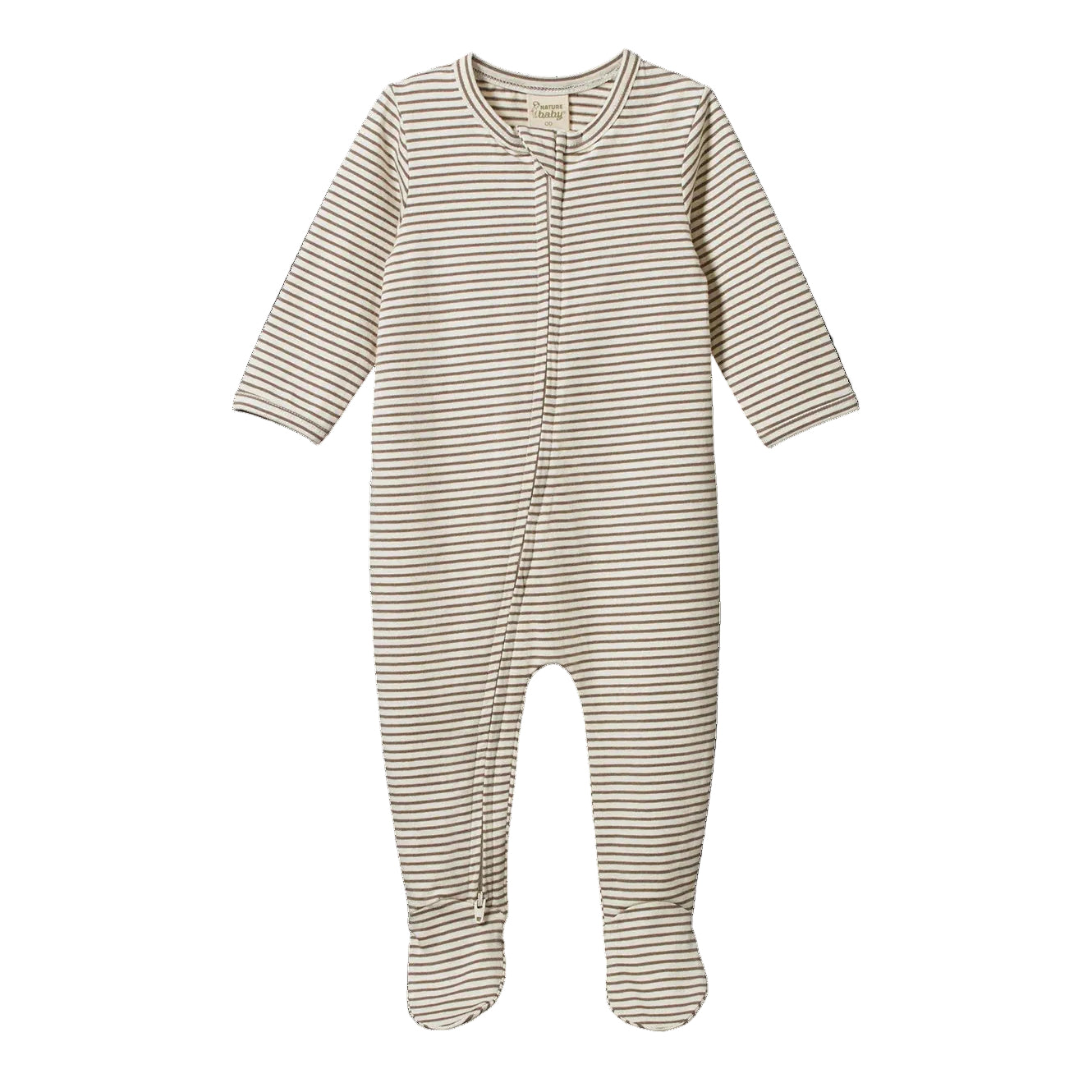 Nature Baby Dreamlands Suit in a mushroom pinstripe colour, features sipped front and enclosed feet