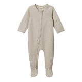 Nature Baby Dreamlands Suit in a mushroom pinstripe colour, features sipped front and enclosed feet