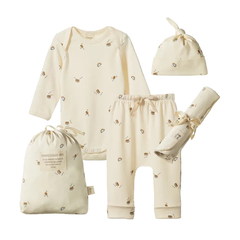 Nature Baby Essential Set at Cerise.  Available in Music print and set includes a bodysuit drawstring pants, beanie and wrap.  Great value and 00% cotton.