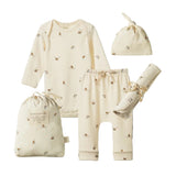 Nature Baby Essential Set at Cerise.  Available in Music print and set includes a bodysuit drawstring pants, beanie and wrap.  Great value and 00% cotton.