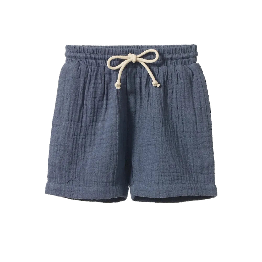 Nature Baby James Shorts at Cerise.  Made from Soft Cotton Muslin with a draw string waist and shown here in Vintage Indigo Colour.