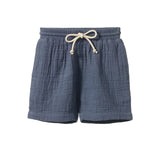 Nature Baby James Shorts at Cerise.  Made from Soft Cotton Muslin with a draw string waist and shown here in Vintage Indigo Colour.