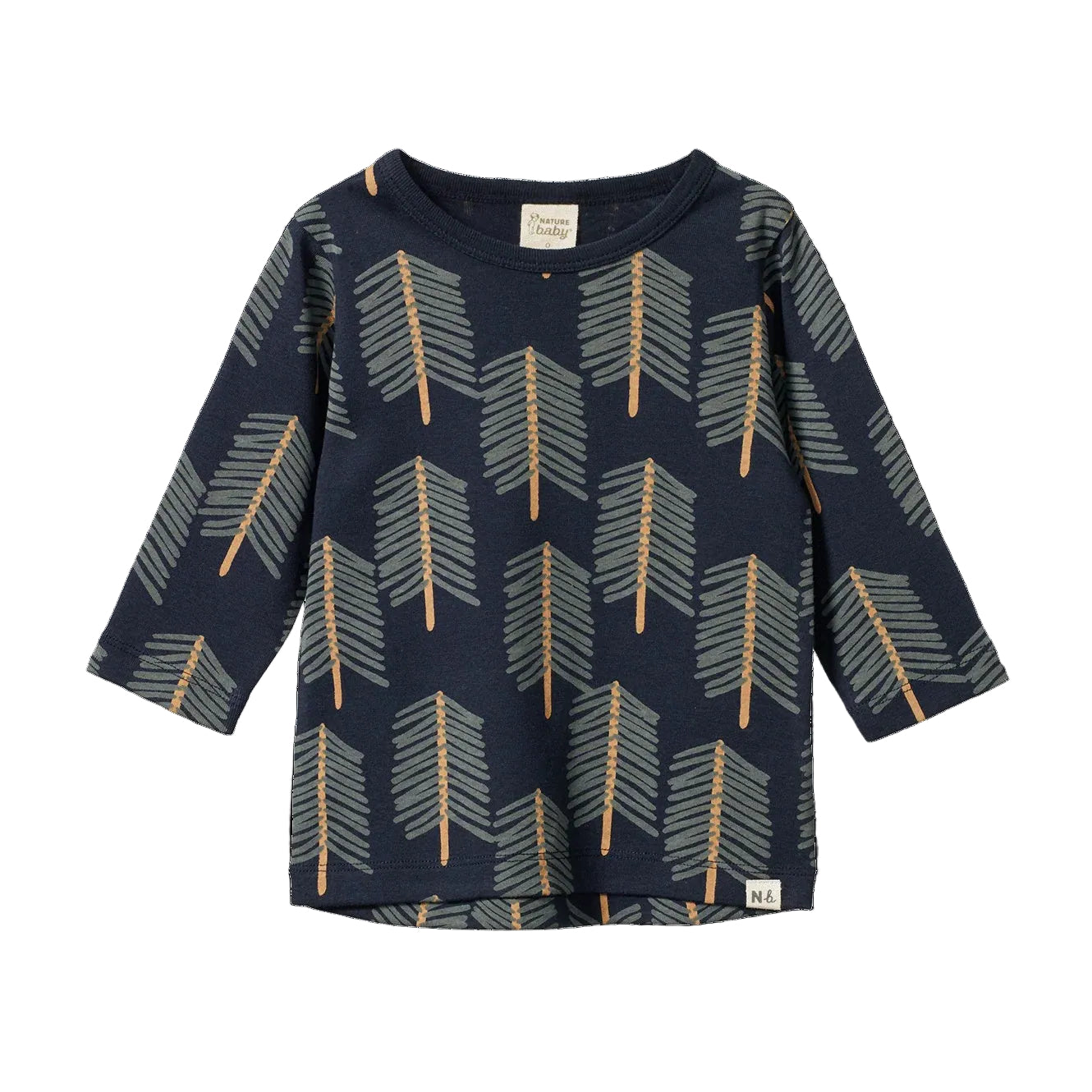 Nature Baby Long Sleeve River Tee in navy blue with mustart are grey print and crew neck at Cerise