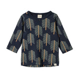 Nature Baby Long Sleeve River Tee in navy blue with mustart are grey print and crew neck at Cerise