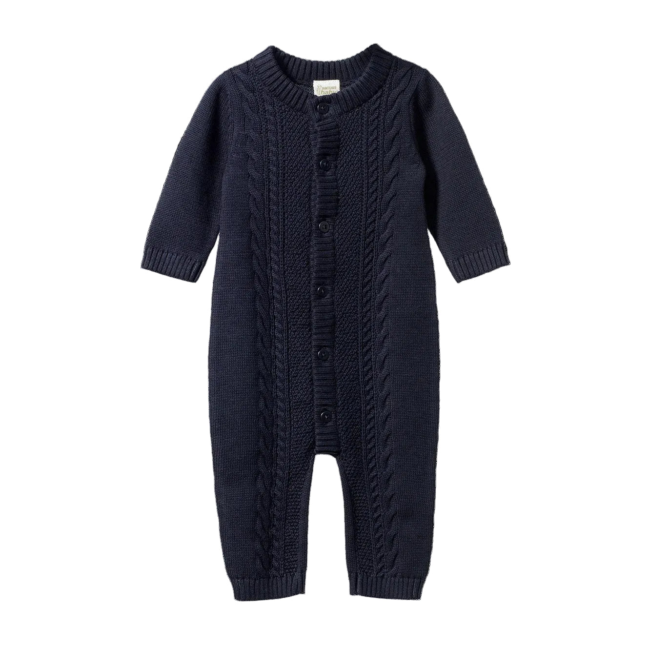 Nature Baby Lou Suit in Navy Bue Cotton Knit with cable patten and button front at Cerise