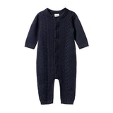 Nature Baby Lou Suit in Navy Bue Cotton Knit with cable patten and button front at Cerise