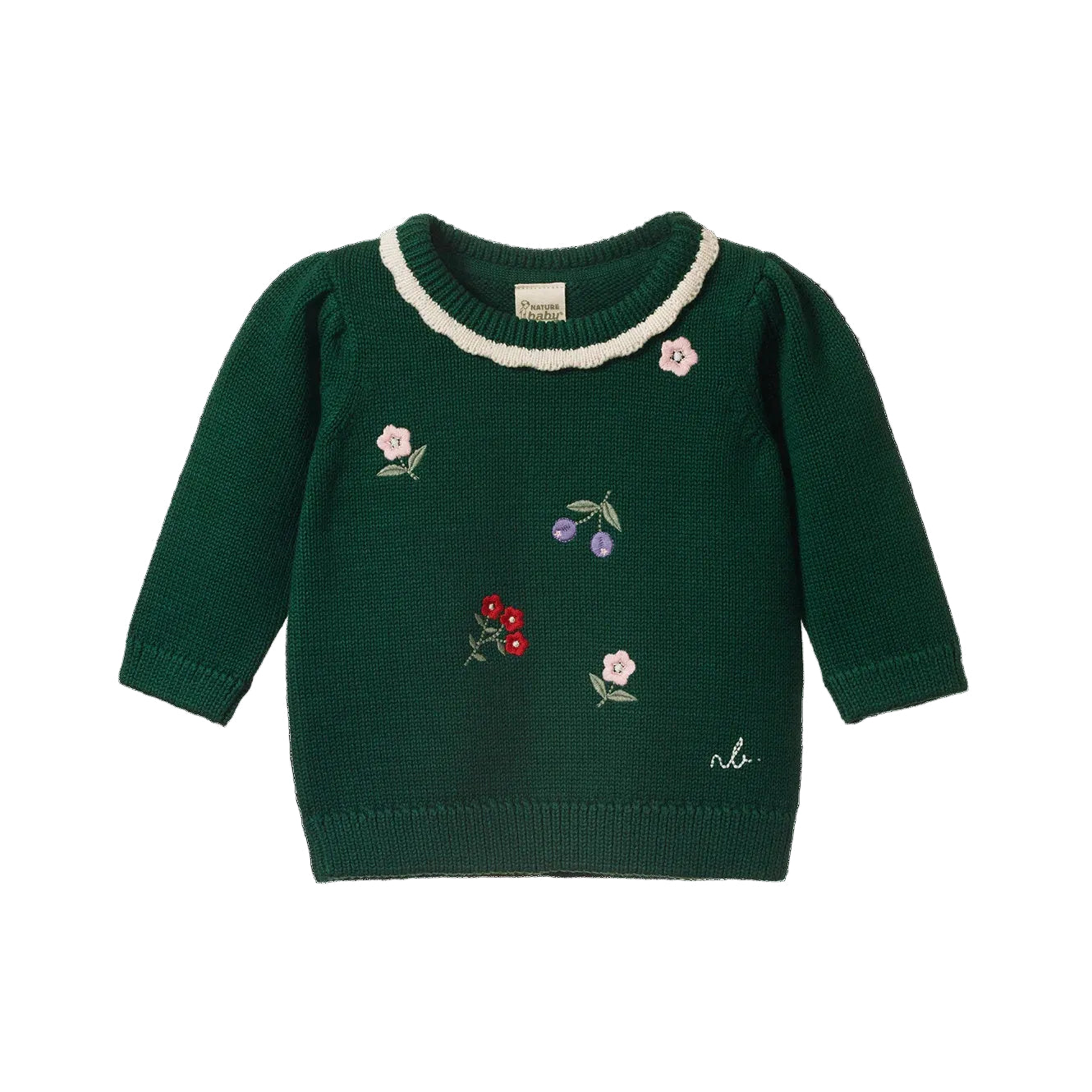 The Margot cotton knit sweater in a dark green from Nature baby with embroidery flower and berry detail