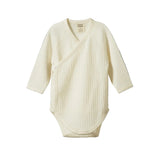 Nature Baby Merino Pointelle Kimono Bodysuit at Cerise.  Designed in a soft natural coloured merino with a cross over kimono style front for easy changes.