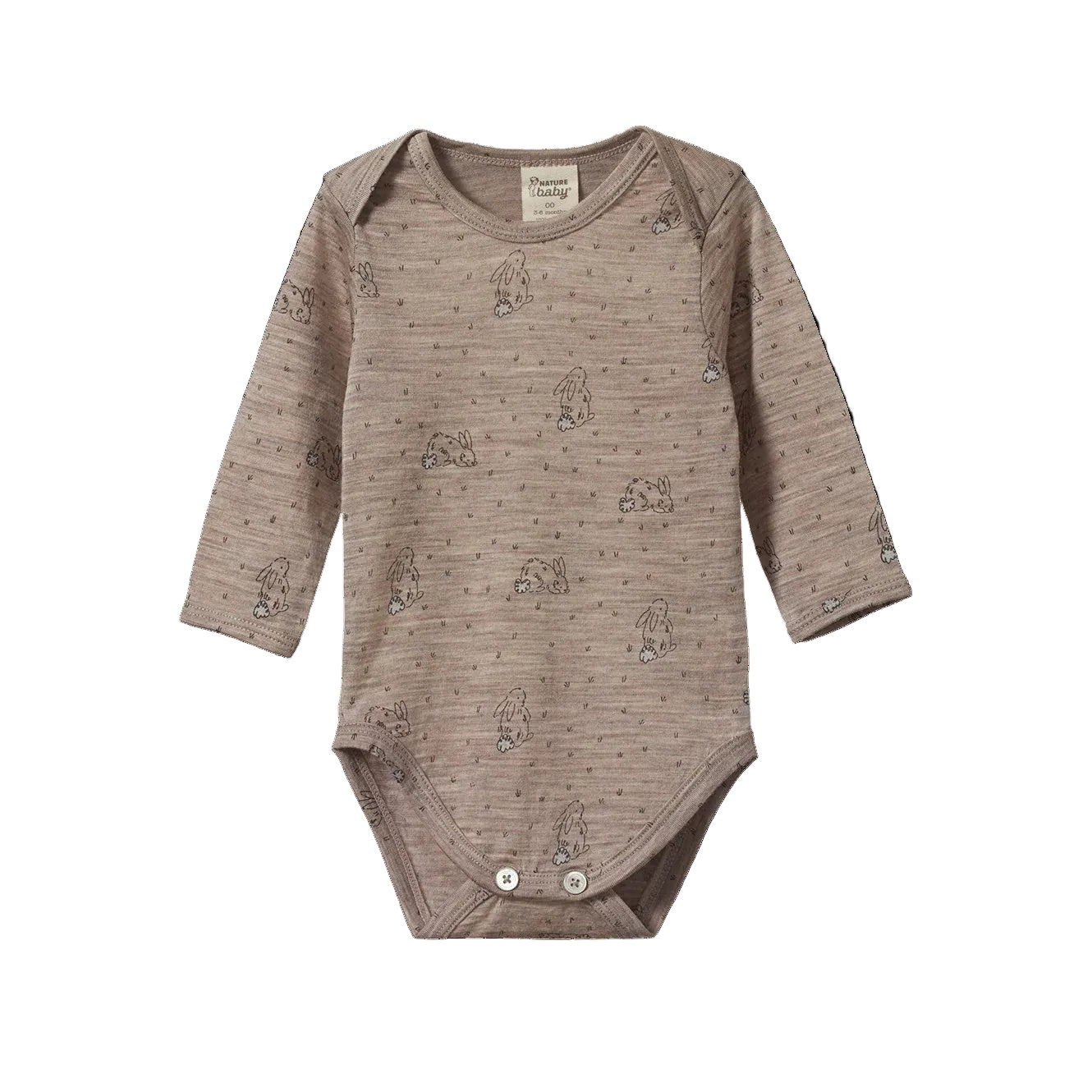 Nature Baby Bramble Burrow Print Merino Wool Long Sleeved Bodysuit.