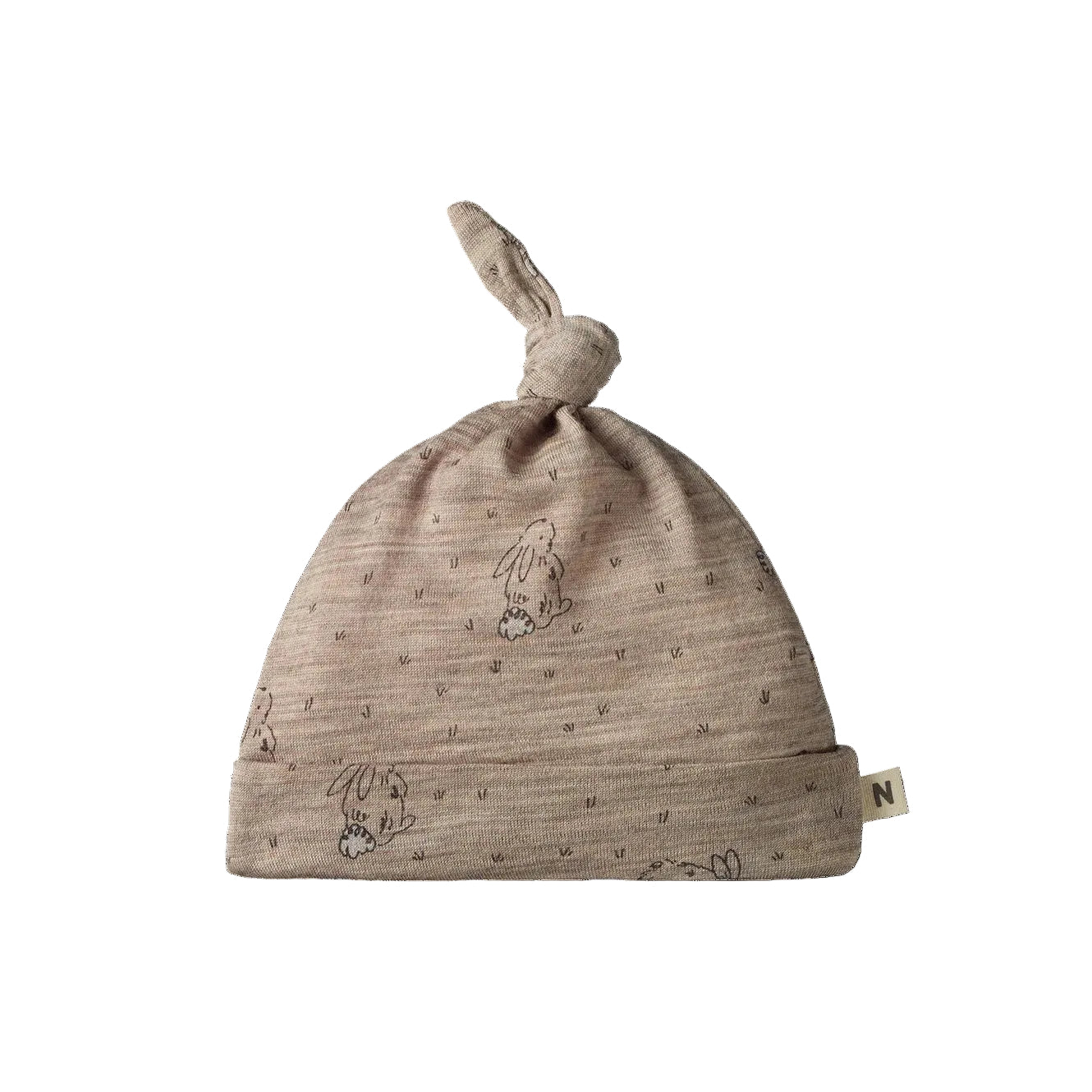 Nature Baby Merino Wool Knotted Beanie in earthy coloured bramble burrow bunny print