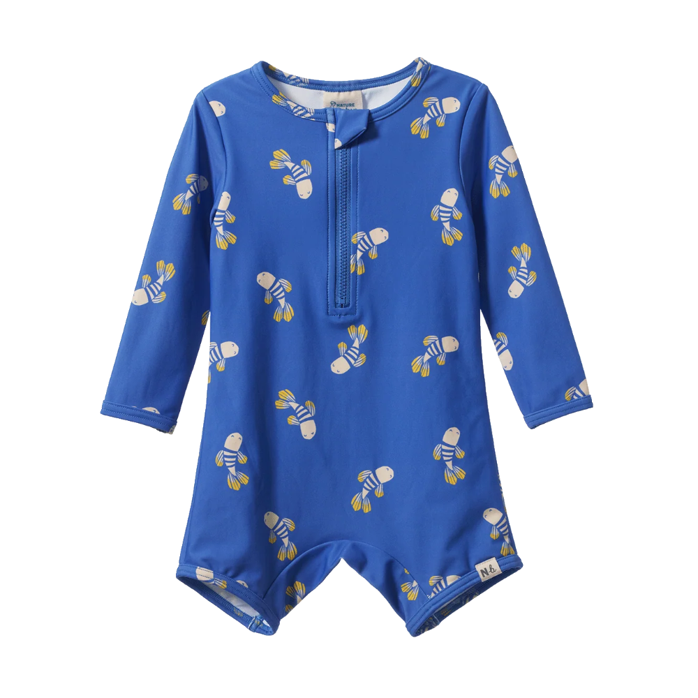 Nature Baby One Piece Bathing Trunks in Fish Fable Design at Cerise.  A great unisex design with lined body for comfort