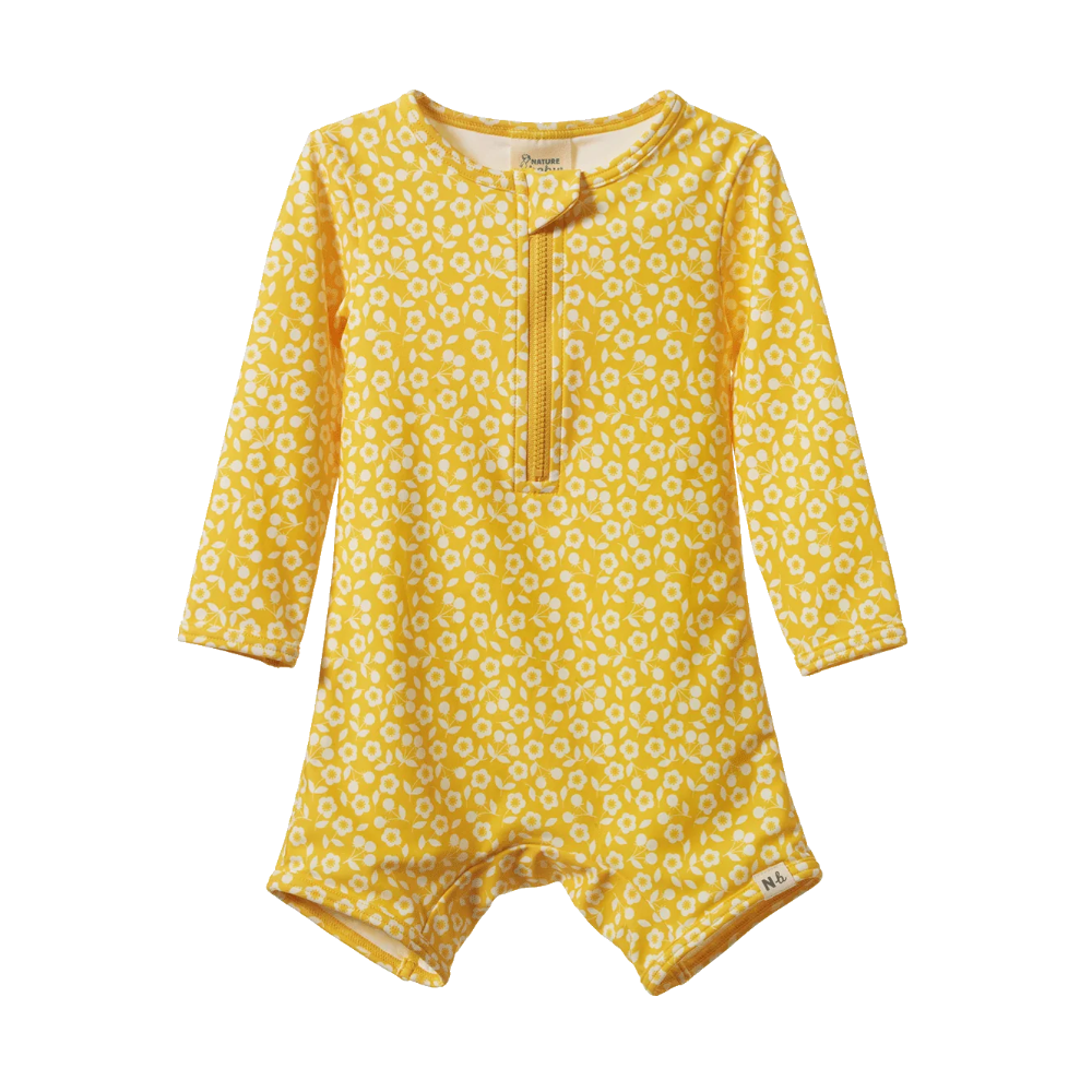 Nature Baby One Piece Bathing Trunks in Kitchen Garden Freesia Print Design at Cerise.  