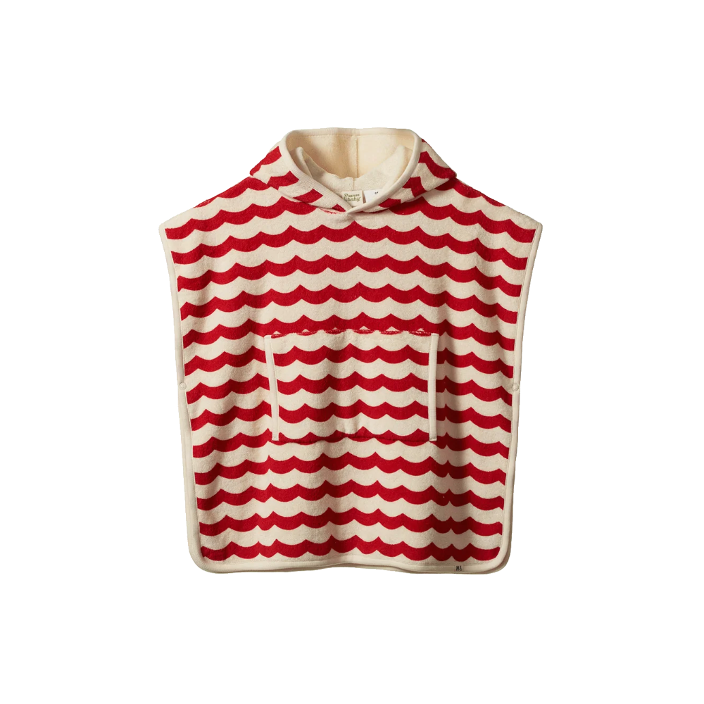 Nature Baby Poncho Towel in Red Waves Print at Cerise.