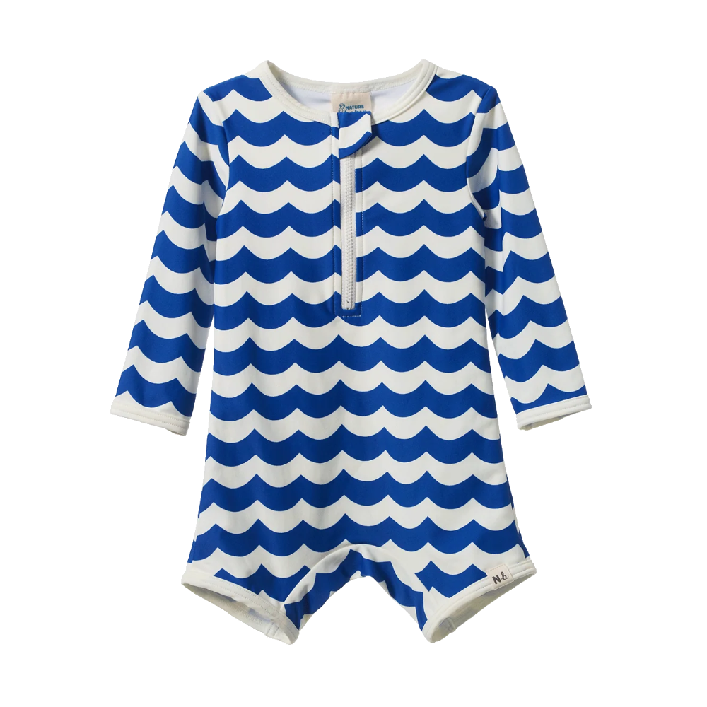 Nature Baby One Piece Bathing Trunks in Waves Blue Print Design at Cerise.  