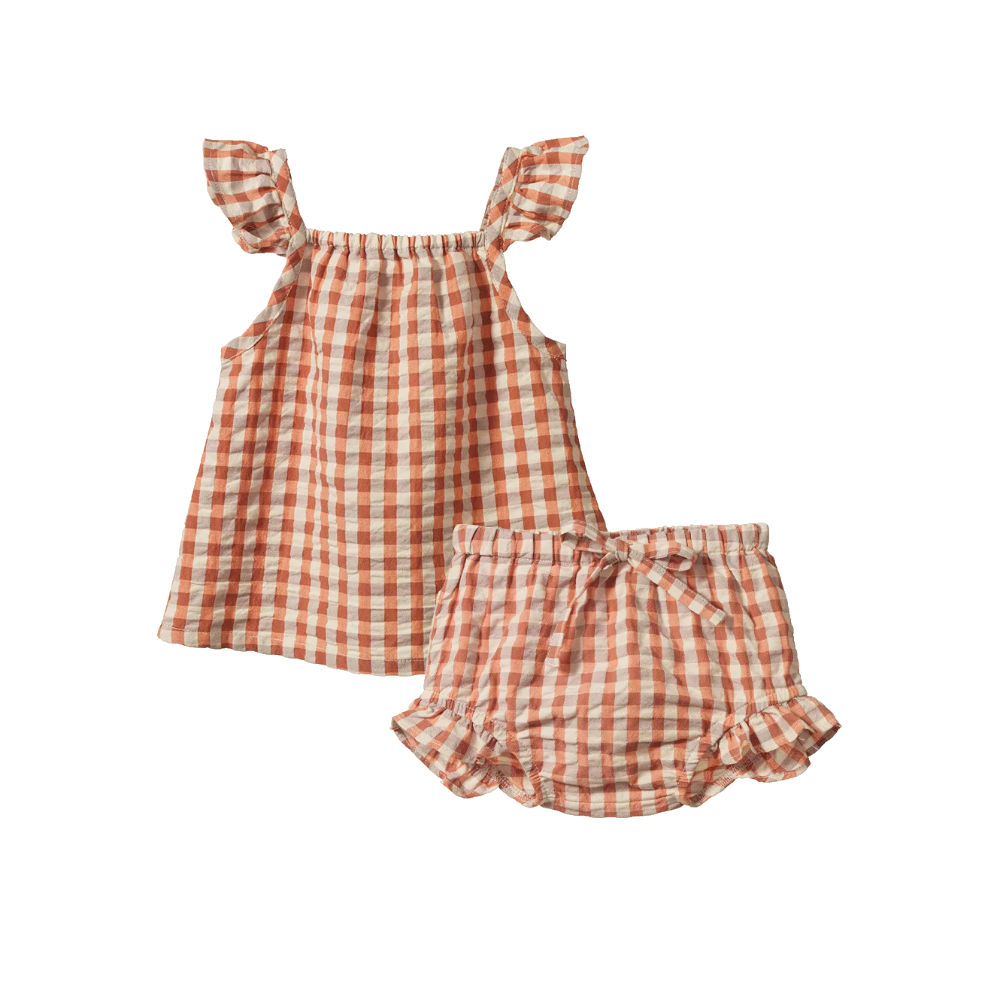 Nature Baby Petal Set in Dandelion Gingham at Cerise.  Set includes Petal top with shoulder frill and bloomers