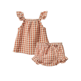 Nature Baby Petal Set in Dandelion Gingham at Cerise.  Set includes Petal top with shoulder frill and bloomers