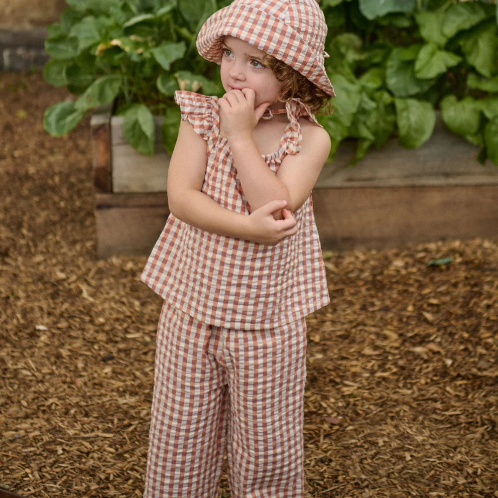 Nature Baby Pippin Pants with Petal top in Dandelion Gingham at Cerise