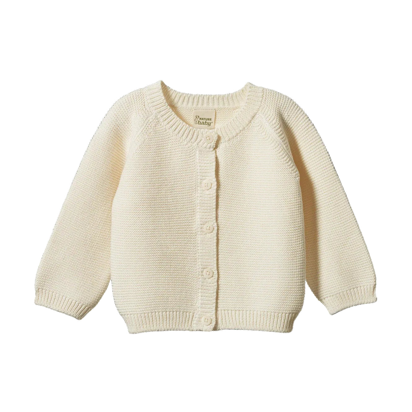 Nature Baby Natural Coloured Pepi cardigan knitted in garter stitch.