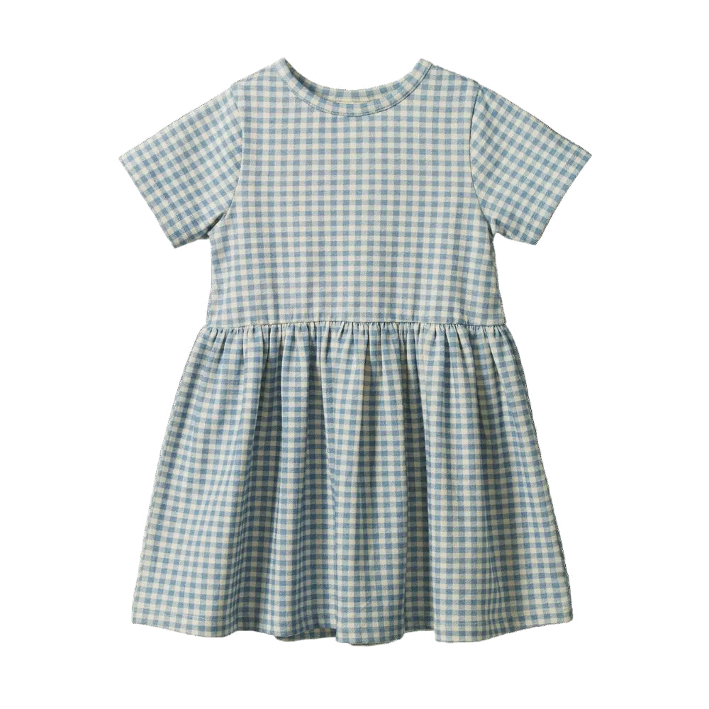 Nature Baby Saturday Dress at Cerise.  Available in a cute Blue Gingham print, has short sleeves and gathered waist.