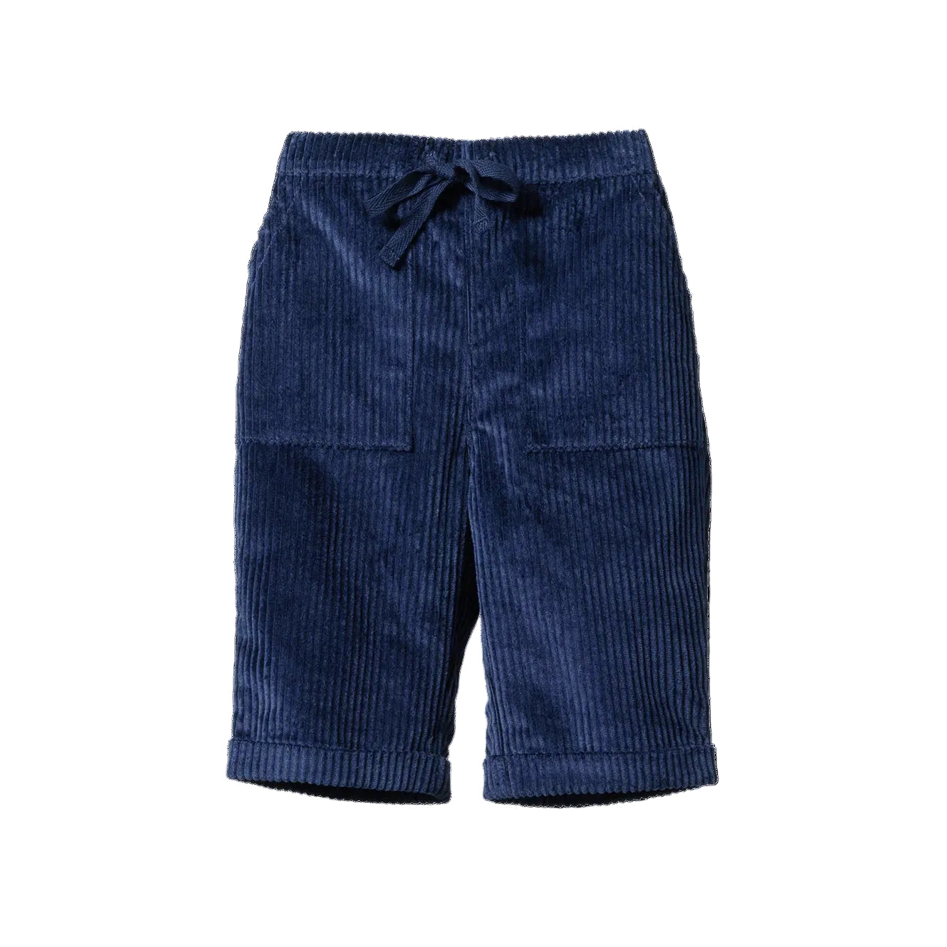 Navy Blue soft cord pants by nature baby with front pockets and elasticated back.  Have folding cuffs.