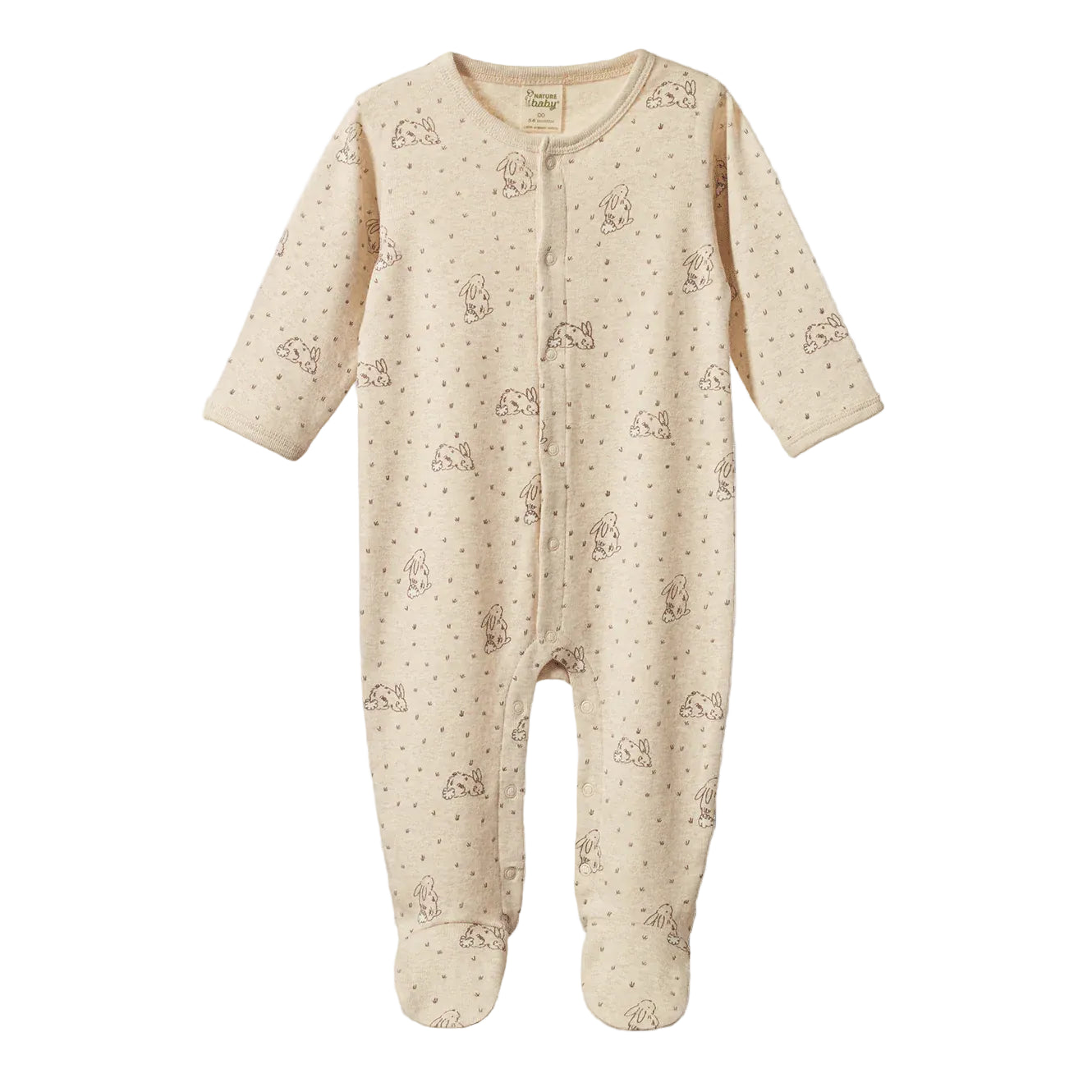 Nature Baby Stretch & Grow nsuit with easy snap domes and fully enclosed feet. Shown in ramble Burrow print in earthy tones.