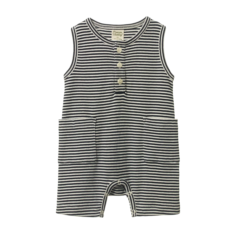 Nature Baby Camper Suit in a soft cotton navy stripe at Cerise