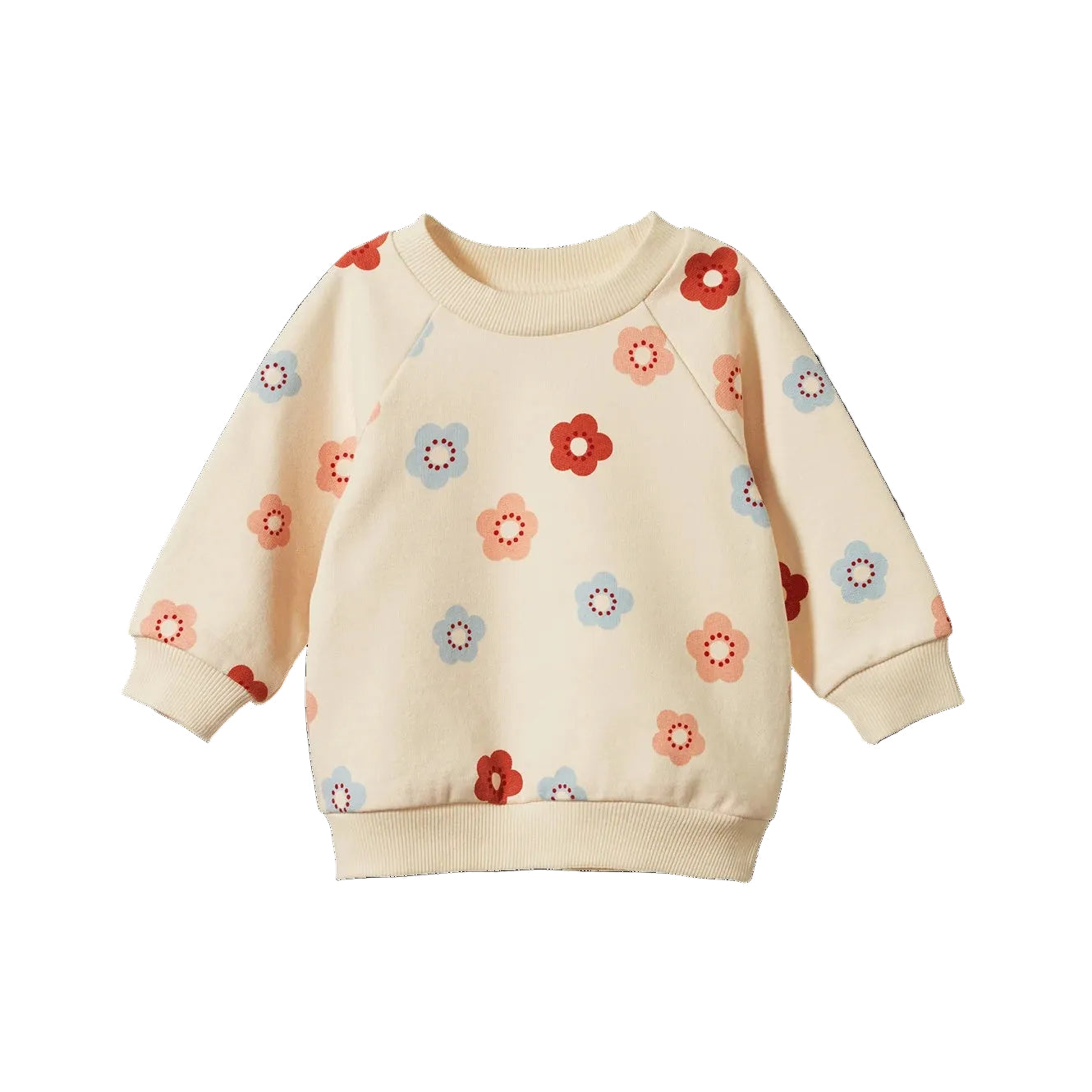 Nature Baby Emerson Flora Stamp Sweater for Babies and Kids at Cerise.  Features cute floral stamp print  on a natural coloured basecloth and is made from 100% cotton.
