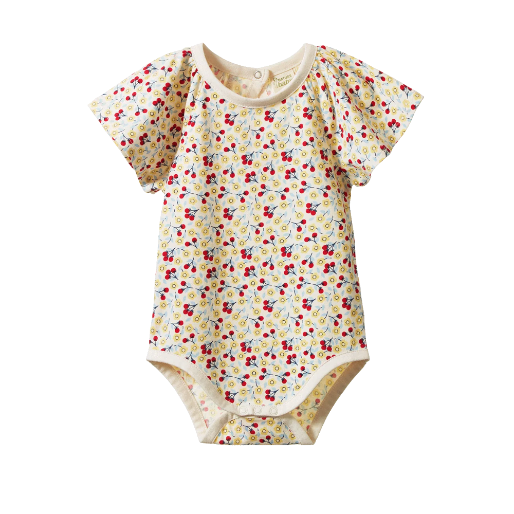 Nature Baby Faye Bodysuit in Kitchen garden Print at Cerise