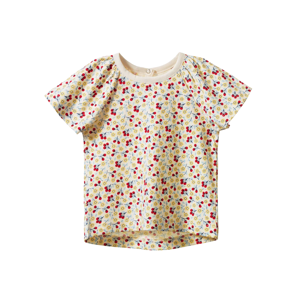 Nature Baby Faye Tee with gathered sleeves in Kitchen Garden Print at Cerise