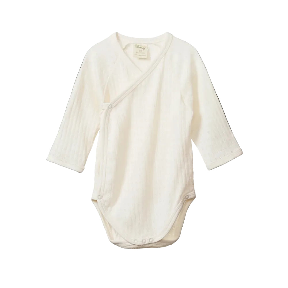 Nature Baby Long Sleeved Kimono Bodysuit at Cerise.  Made in 100% cotton pointelle in a natural colour.  The perfect newborn gift.