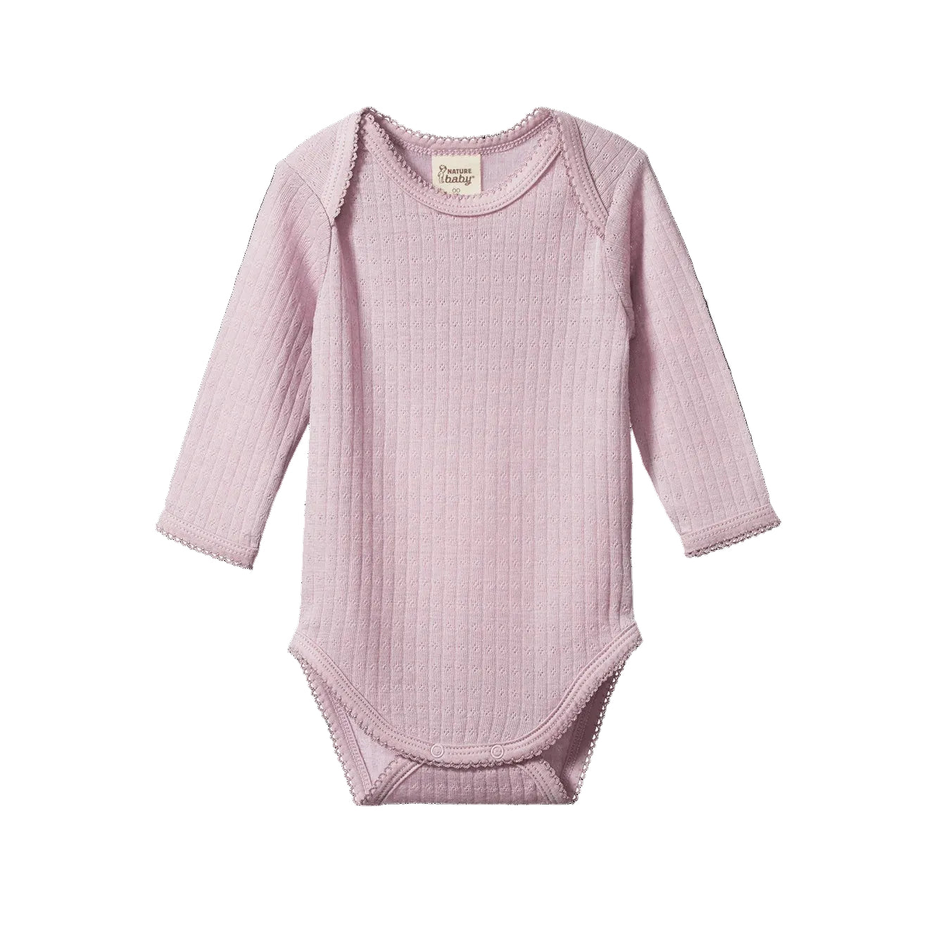 Nature Baby Merino Pointelle long sleeved body suit in lilac colour at Cerise