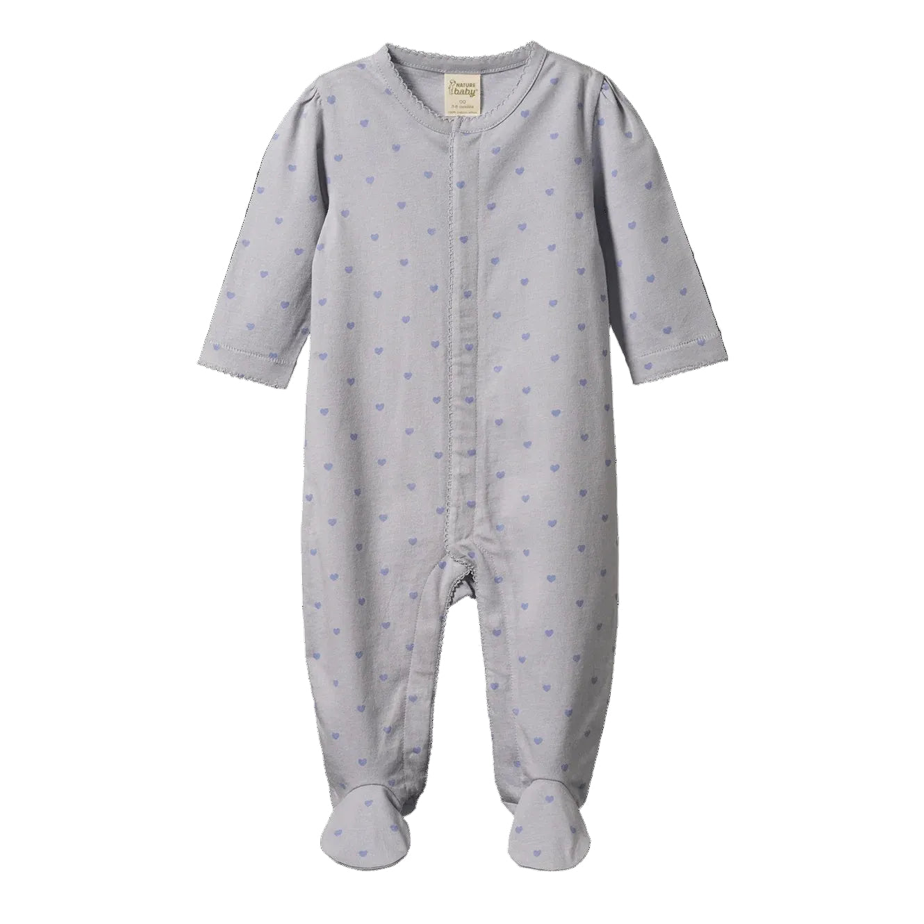 Nature Baby Lucy Suit with dome fastening closed in feet  and long sleeves in blue hearts print at cerise