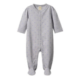 Nature Baby Lucy Suit with dome fastening closed in feet  and long sleeves in blue hearts print at cerise
