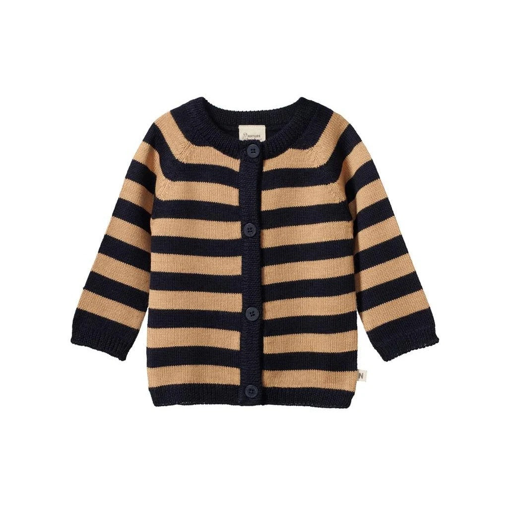 Nature Baby Merino Knit Cardigan in Navy Caramel Stripes at Cerise
