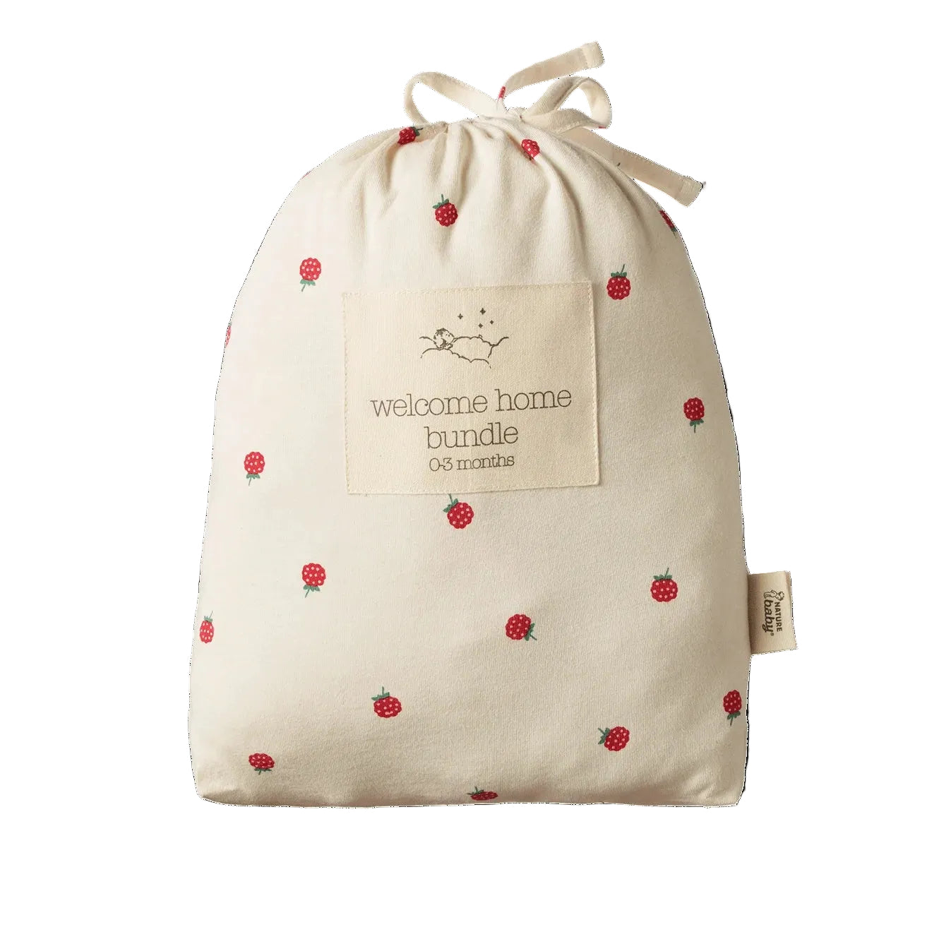 Nature Baby Welcome Home Bundle in Raspberry ptint at Cerise.  Comes in a drawstring bag and includes a 100% cotton long sleeve bodysuit, hat, footed rompers and wrap for new baby in sizes prem, newborn and 0-3 months.
