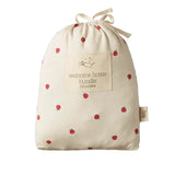 Nature Baby Welcome Home Bundle in Raspberry ptint at Cerise.  Comes in a drawstring bag and includes a 100% cotton long sleeve bodysuit, hat, footed rompers and wrap for new baby in sizes prem, newborn and 0-3 months.