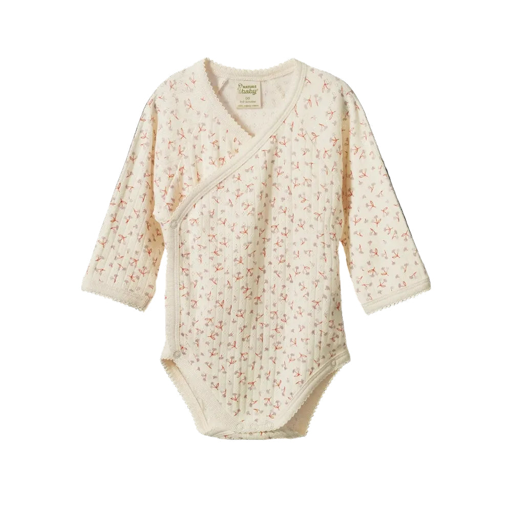 Nature Baby Long Sleeved Kimono Bodysuit at Cerise.  Featuring crossover front to keep baby snug and warm, easy YKK dome opening and made from 100% cotton pointelle.  New season Dandelion Print.