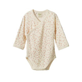 Nature Baby Long Sleeved Kimono Bodysuit at Cerise.  Featuring crossover front to keep baby snug and warm, easy YKK dome opening and made from 100% cotton pointelle.  New season Dandelion Print.