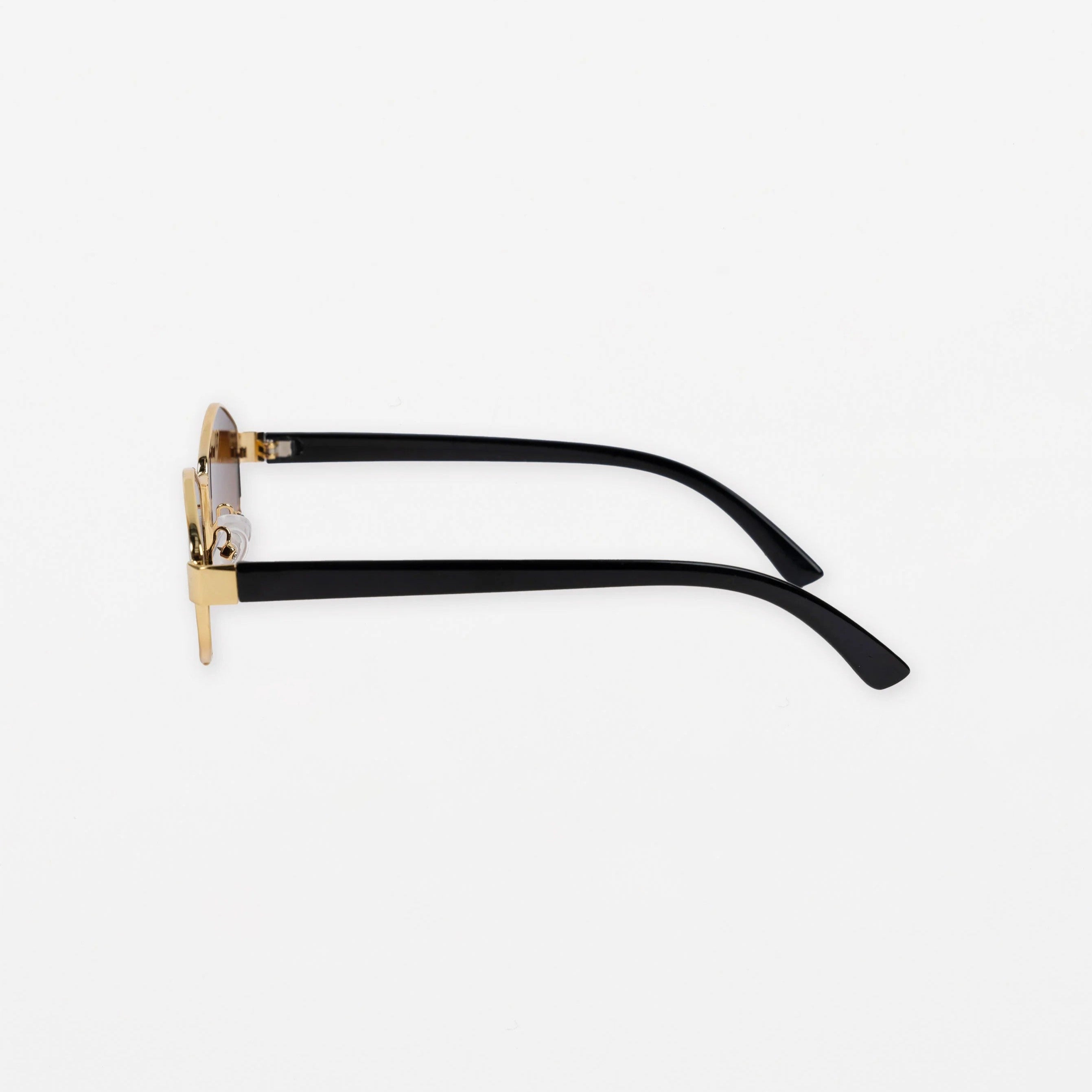 Side view of Sunglasses with gold frame and black arms on a white background