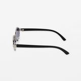 Sunglasses with a silver frame design, black arms.