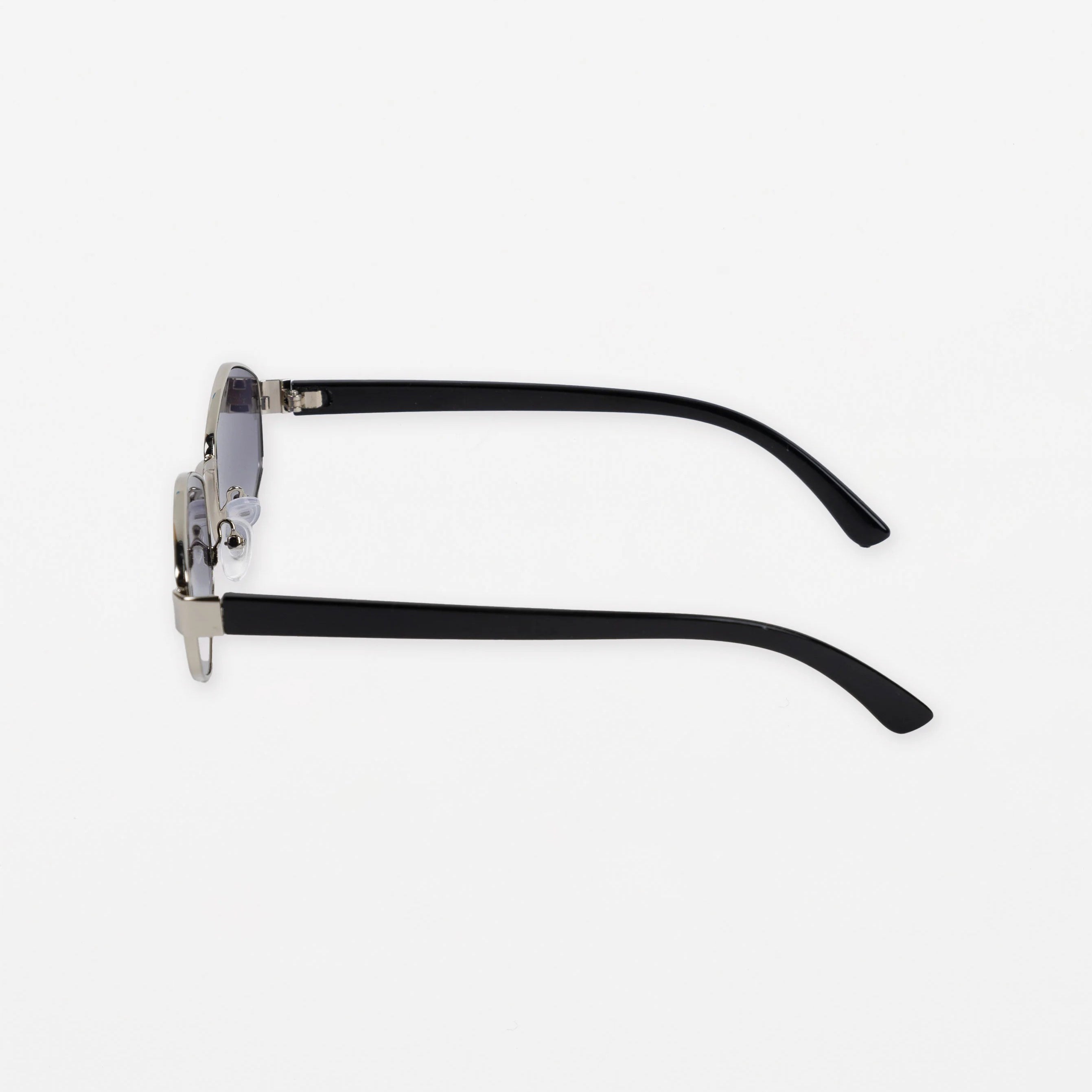 Sunglasses with a silver frame design, black arms.