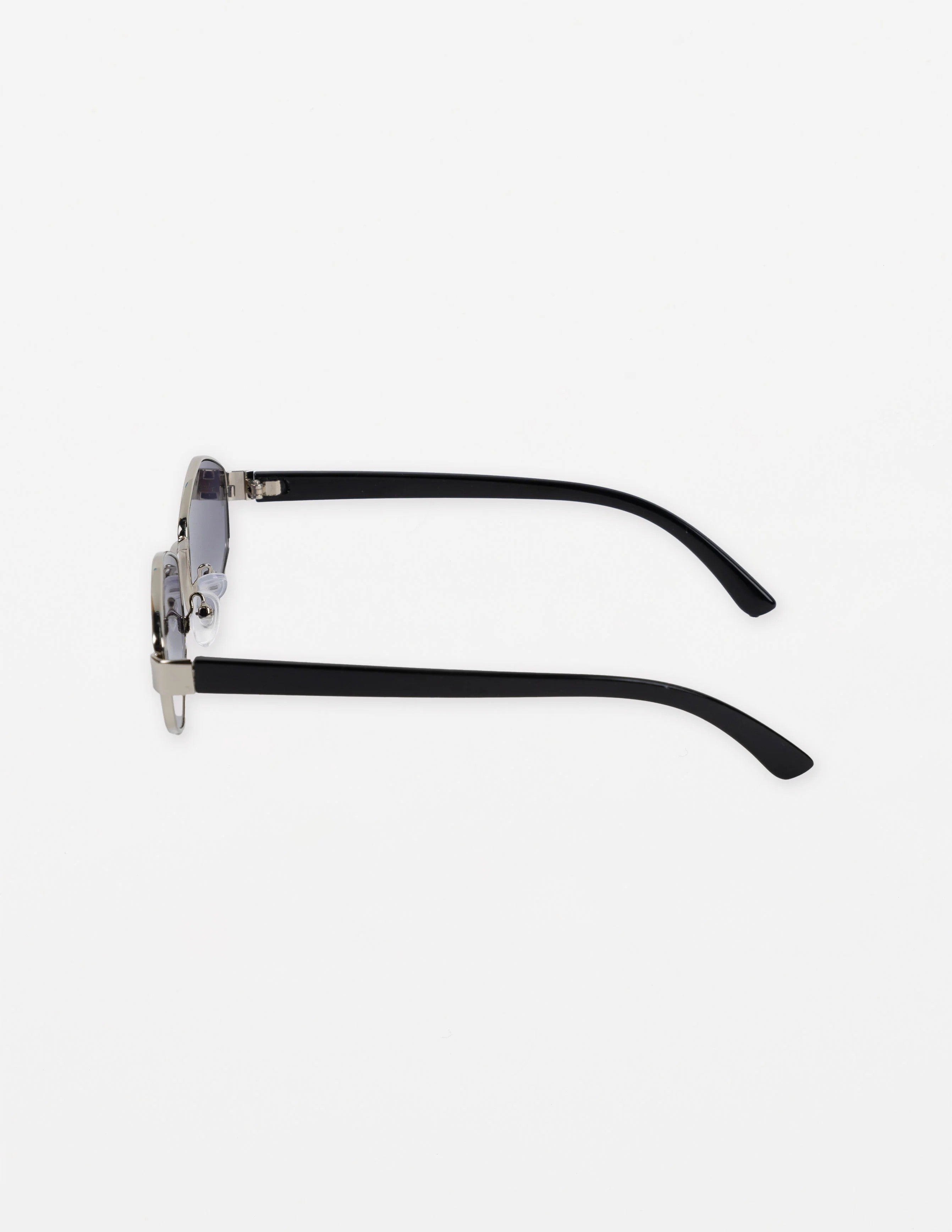 Sunglasses with a silver frame design, black arms.