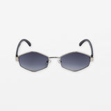 Sunglasses with a silver frame design, black arms.