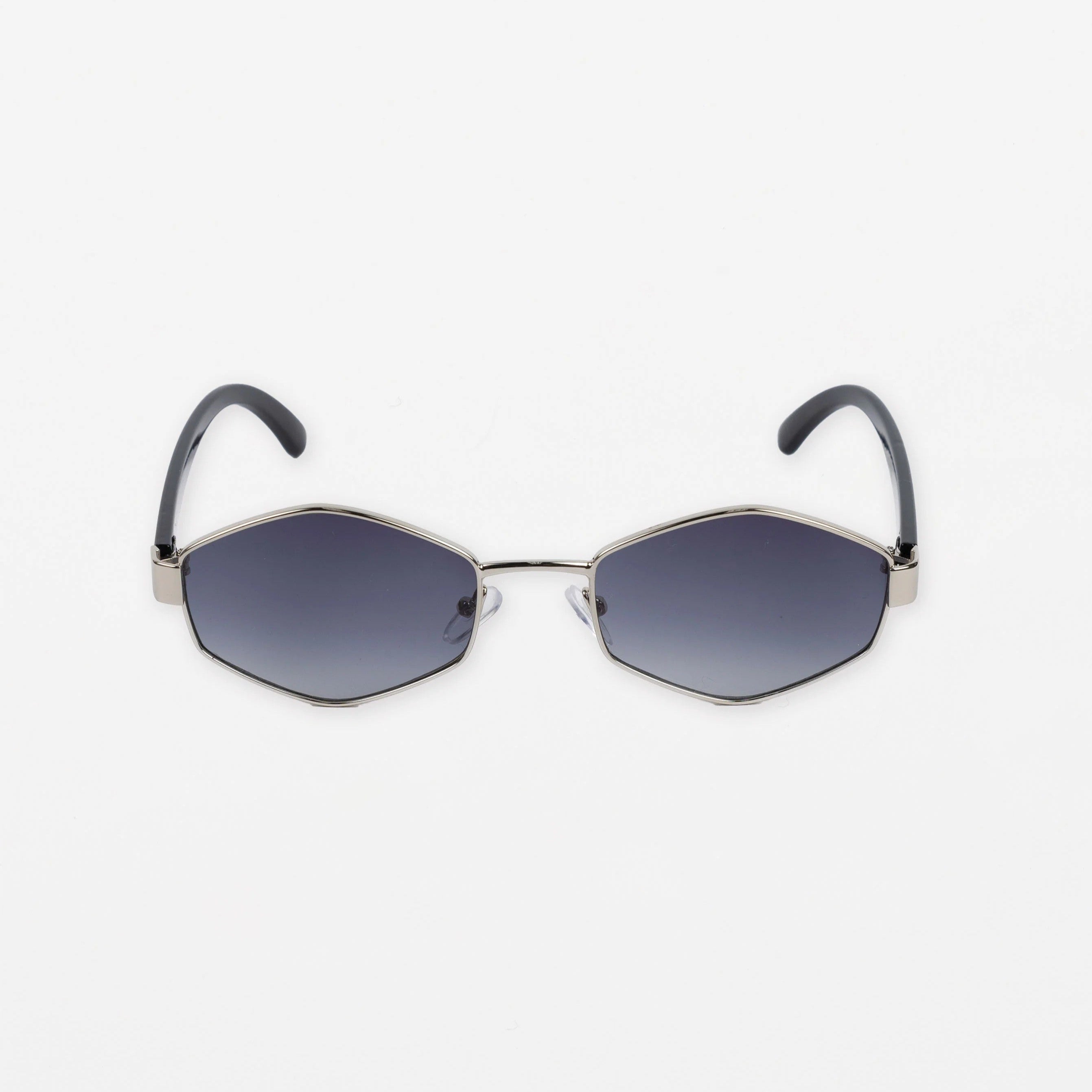 Sunglasses with a silver frame design, black arms.