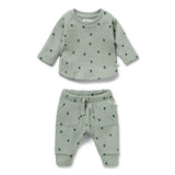 Wilson & Frenchy Organic cotton Waffle Set with long sleeve crew neck top and drawstring waist pants in soft green tumbletwigs print at Cerise NZ.