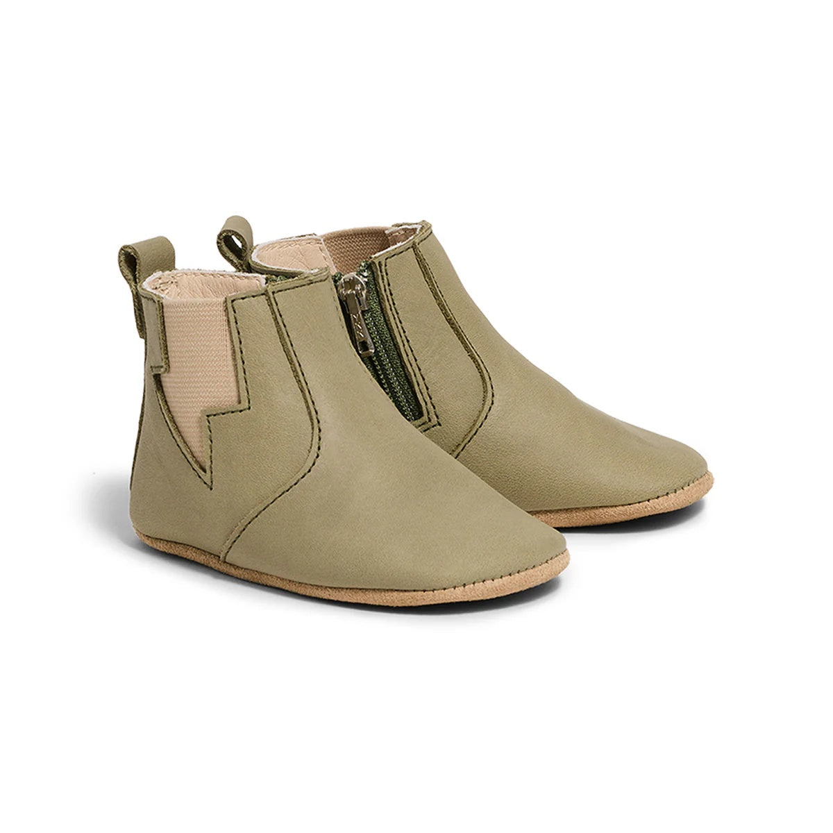 Pretty Brave Electric Baby Shoe in olive colour at Cerise. Made from soft leather with suede lining and soft sole.