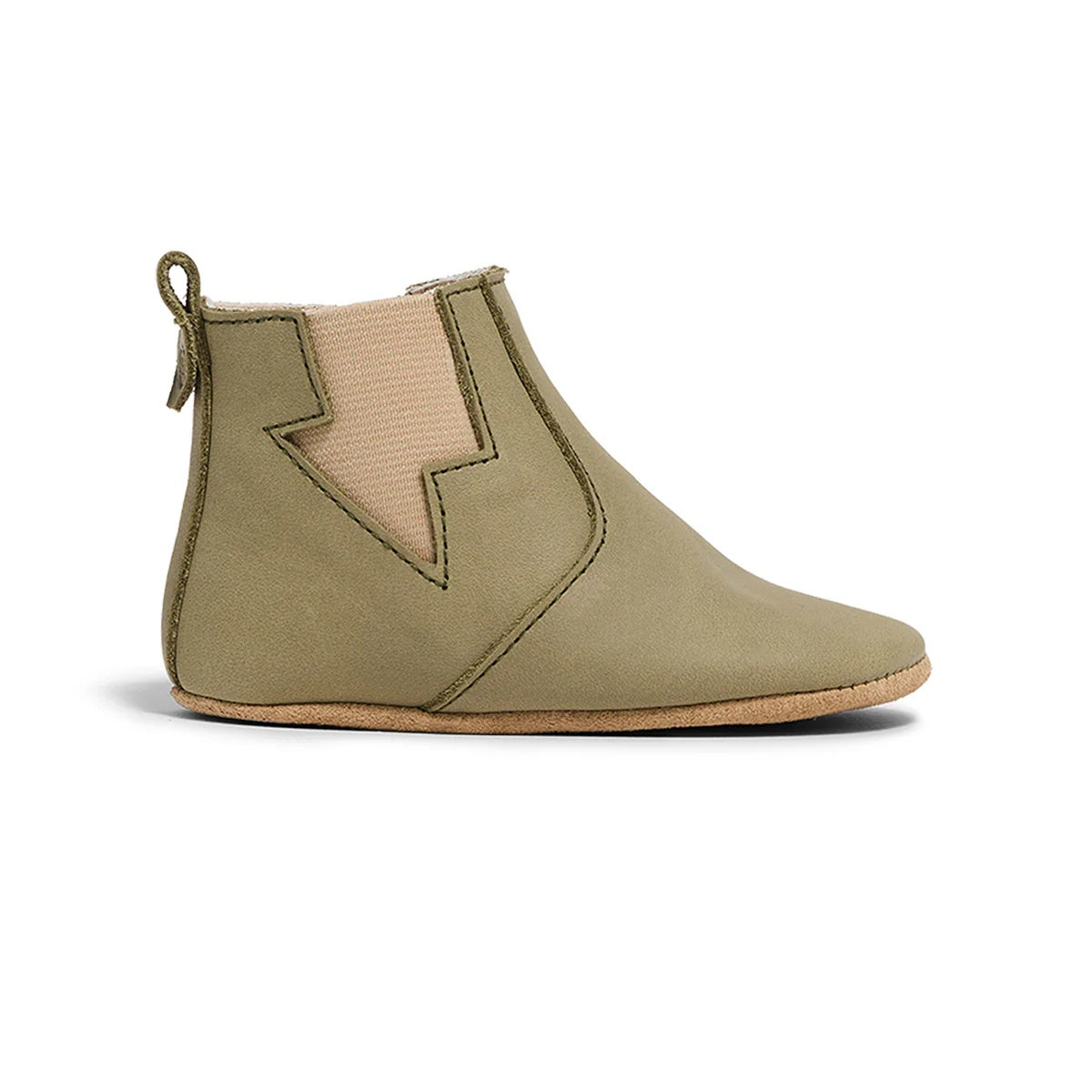 Pretty Brave Electric Baby Shoe in olive colour at Cerise. Made from soft leather with suede lining , features elasticated lightening gusset and soft sole.