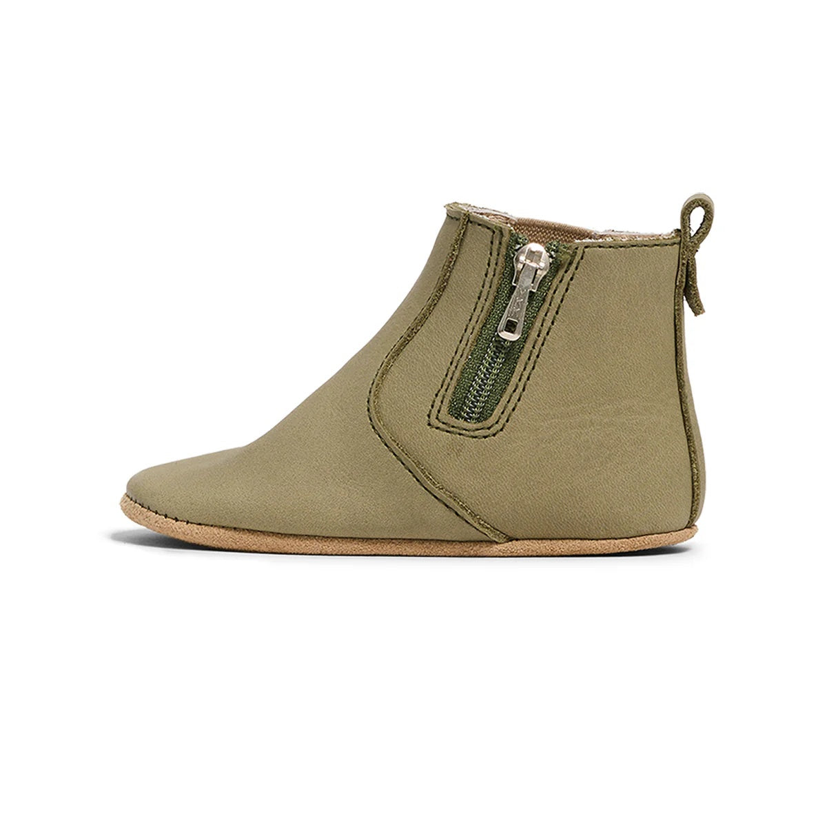 Photo showing zip opening on Pretty Brave Electric Baby Shoe in olive colour at Cerise. Made from soft leather with suede lining and soft sole.